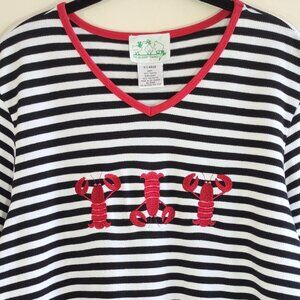 Quacker Factory Striped Nautical Pique Knit Top Embroidered Lobsters Beach Sz XL